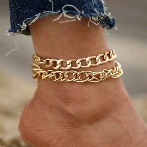 2pcs gold tone  Unique Chunky Chain Alloy Anklet ‎ or bracelet Set for woman